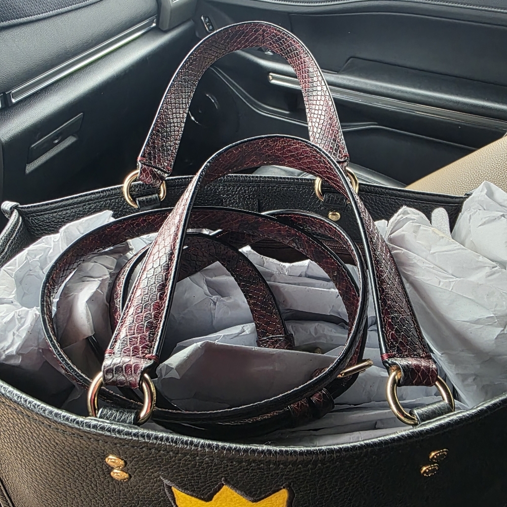 NWOT COACH Black Leather Tote with Dino Motif and Pink Snake-Print Strap - Picture 9 of 10